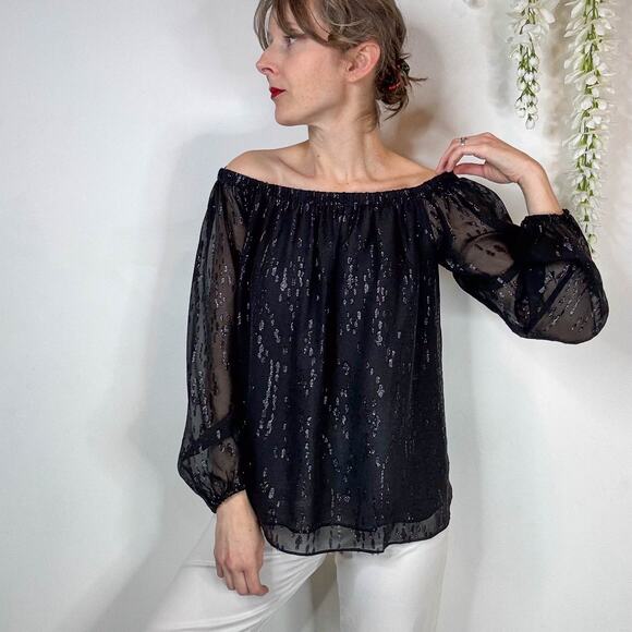 NWT LILLY PULITZER Emilee Long Sleeve Off Shoulder top Onyx metallic sheer 2217 - Picture 11 of 12
